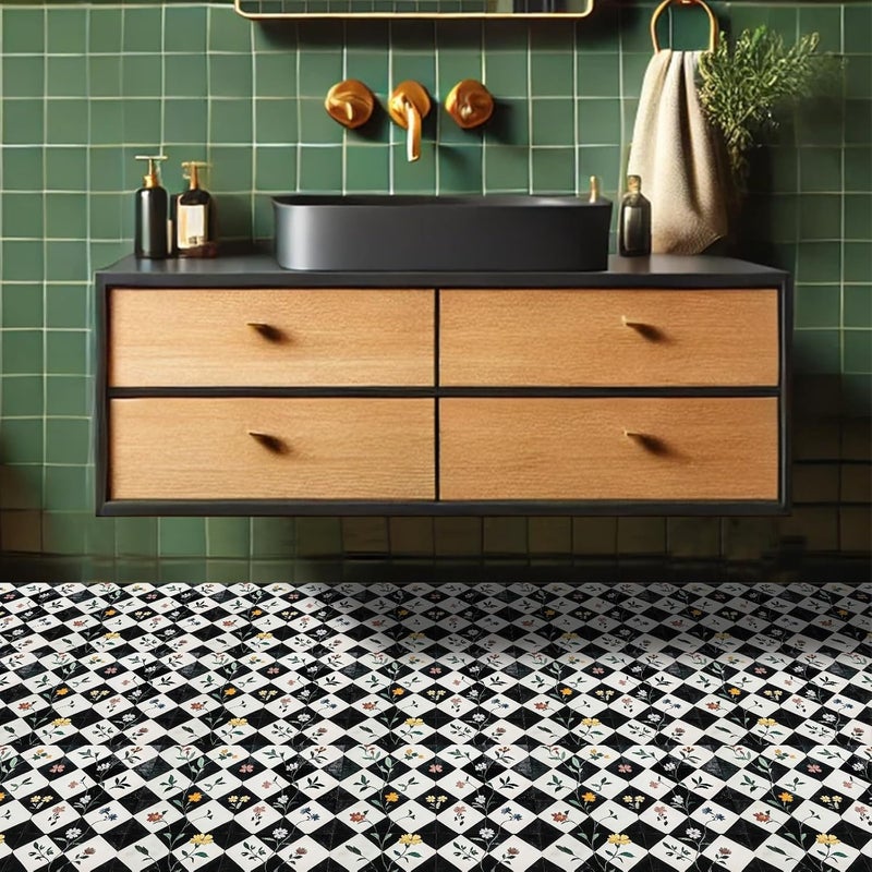 HOMETITUTE 10PCS 12x12 Inch Floral Checkerboard Peel and Stick Floor Tiles Removable Self Adhesive Vinyl Flooring Stickers for Kitchen Entryway Studio Home Decor - Image 5